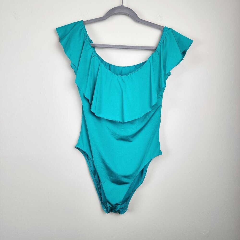 New Trina Turk sz 12 women off shoulder ruffle swimsuit turquoise - Picture 3 of 14